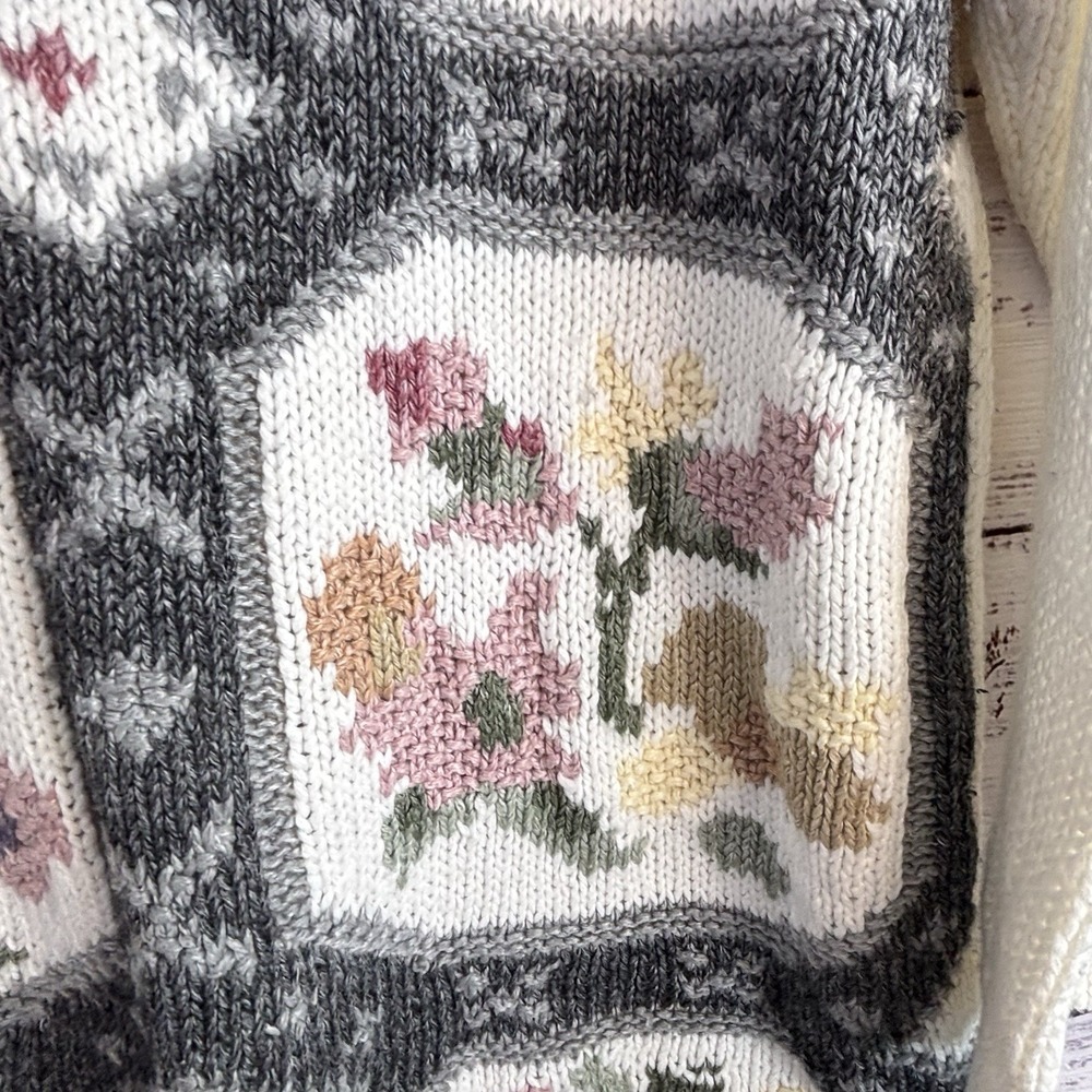 Vintage 80s Sweater L Floral Geometric Granny Kitsch Tunic Cream Gray Pink - Picture 7 of 12